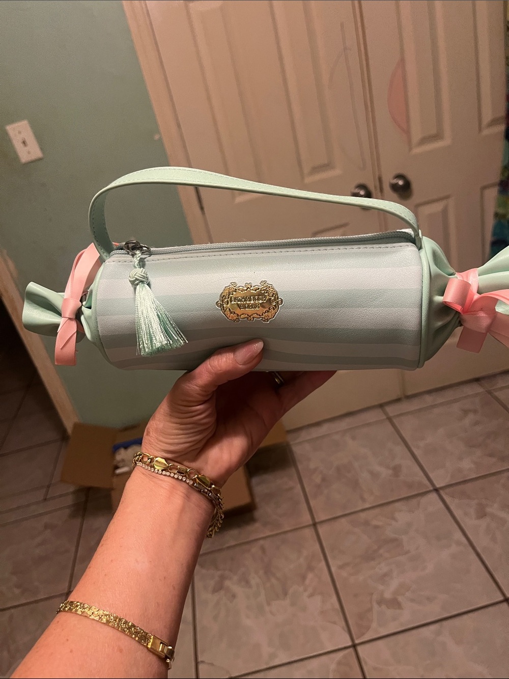 Bath & Body Works Mint Stripe Candy-Shaped Cosmetic Pouch with Pink Bows